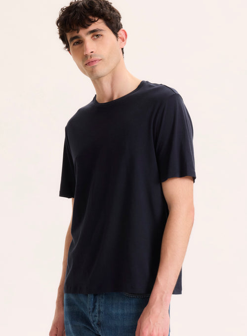 Camiseta azul marino Cuello redondo manga corta en Lyocell / Tencel / Algodón orgánico - MAJESTIC FILATURES