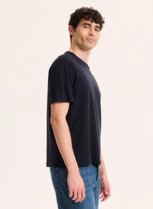 Camiseta azul marino Cuello redondo manga corta en Lyocell / Tencel / Algodón orgánico - MAJESTIC FILATURES