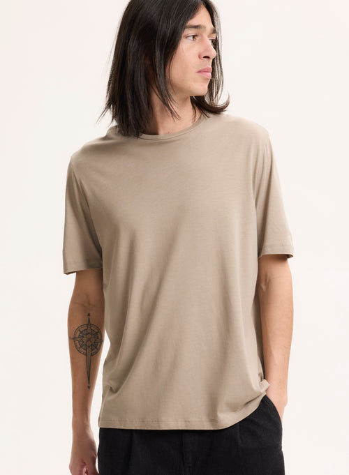 Beigefarbenes Kurzarm-T-Shirt mit Rundhalsausschnitt aus Lyocell / Tencel / Bio-Baumwolle - MAJESTIC FILATURES