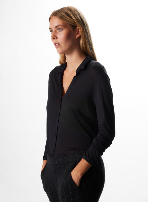 Chemise Noir Manches Longues en Soie / Coton - MAJESTIC FILATURES