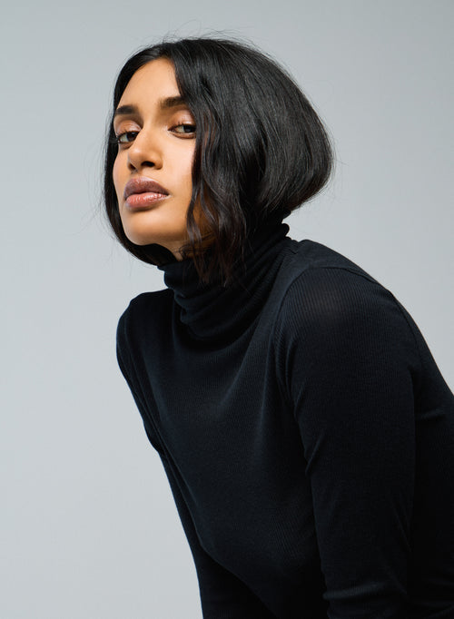 T-shirt Noir Col Roulé Manches Longues en Lyocel / Tencel / Coton - MAJESTIC FILATURES
