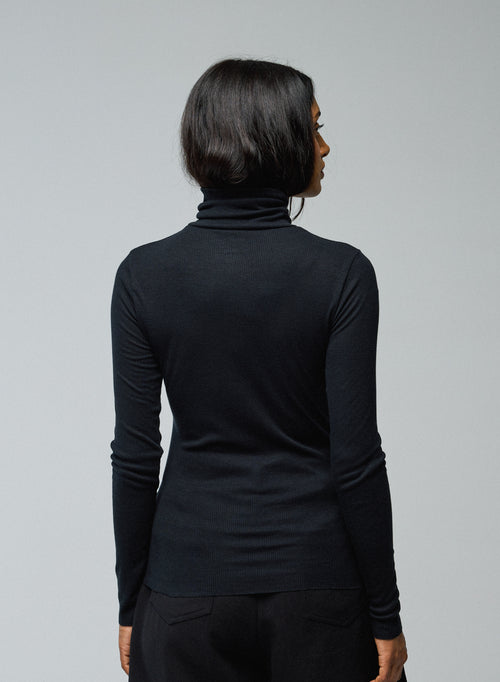 T-shirt Noir Col Roulé Manches Longues en Lyocel / Tencel / Coton - MAJESTIC FILATURES