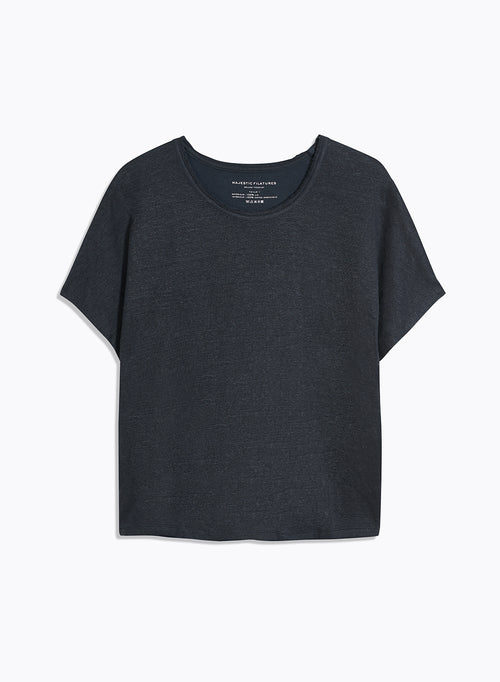 Navy Blue T-Shirt with Round Neck and Short Sleeves in Linen and Organic Cotton - MAJESTIC FILATURES