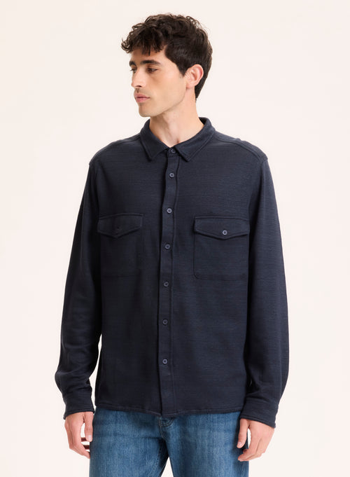 Navy Collar Long Sleeve Shirt Linen / Organic Cotton - MAJESTIC FILATURES