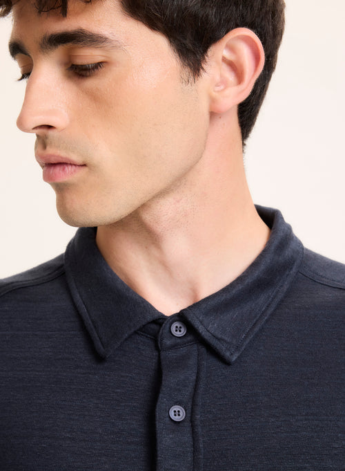 Navy Collar Long Sleeve Shirt Linen / Organic Cotton - MAJESTIC FILATURES