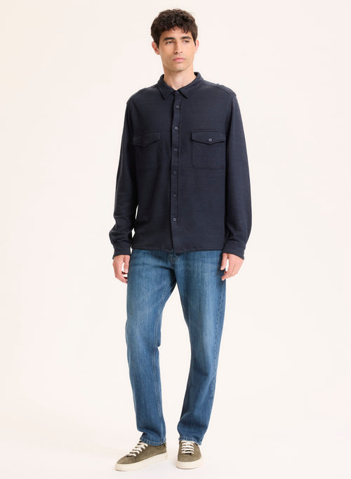 Navy Collar Long Sleeve Shirt Linen / Organic Cotton - MAJESTIC FILATURES