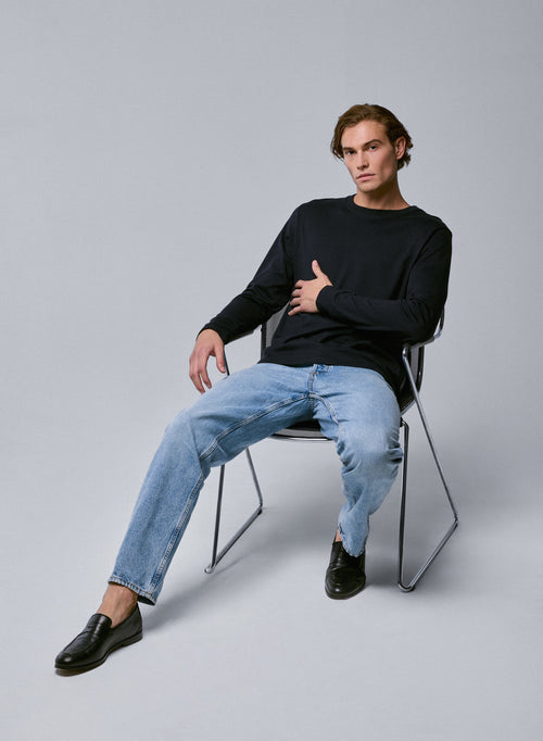 Navy T-shirt Round Neck Long Sleeve in Organic Cotton - MAJESTIC FILATURES