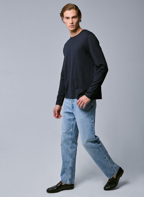 Navy T-shirt Round Neck Long Sleeve in Organic Cotton - MAJESTIC FILATURES
