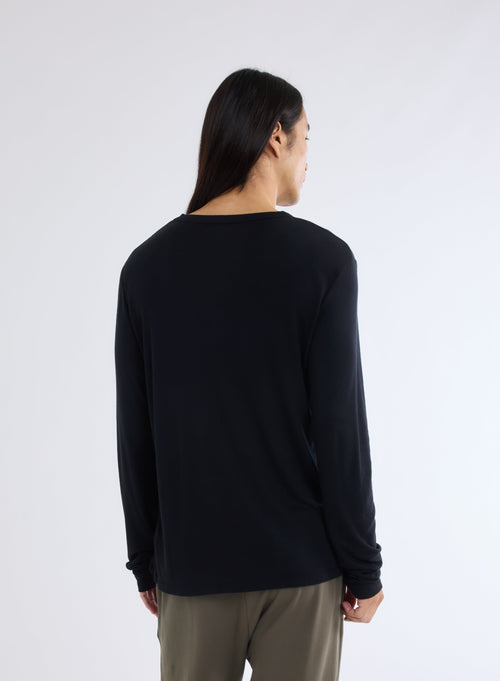 T-shirt Noir Col rond manches longues en Micro modal / Cachemire - MAJESTIC FILATURES