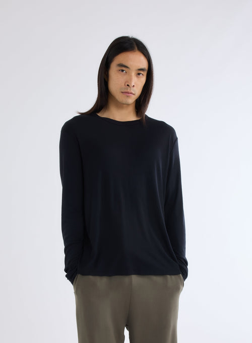 T-shirt Noir Col rond manches longues en Micro modal / Cachemire - MAJESTIC FILATURES