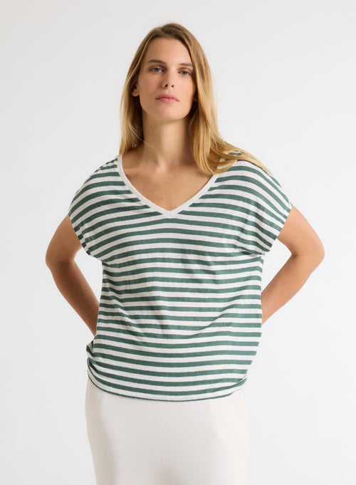 Green and White Striped V-Neck Short Sleeve Linen T-Shirt - MAJESTIC FILATURES