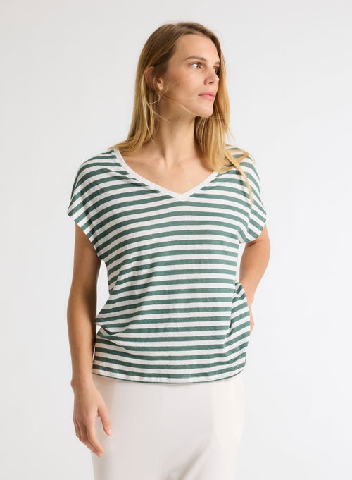 Green and White Striped V-Neck Short Sleeve Linen T-Shirt - MAJESTIC FILATURES
