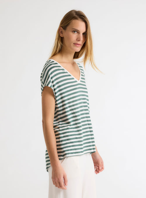 Green and White Striped V-Neck Short Sleeve Linen T-Shirt - MAJESTIC FILATURES