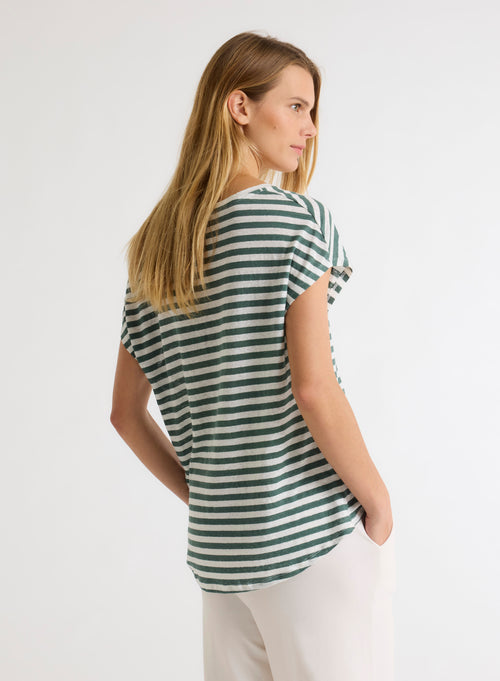Green and White Striped V-Neck Short Sleeve Linen T-Shirt - MAJESTIC FILATURES