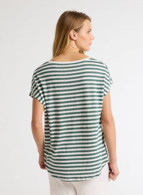 Green and White Striped V-Neck Short Sleeve Linen T-Shirt - MAJESTIC FILATURES