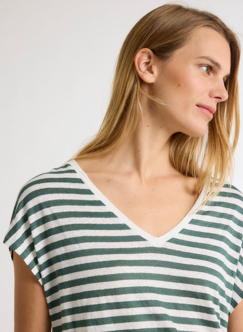 Green and White Striped V-Neck Short Sleeve Linen T-Shirt - MAJESTIC FILATURES