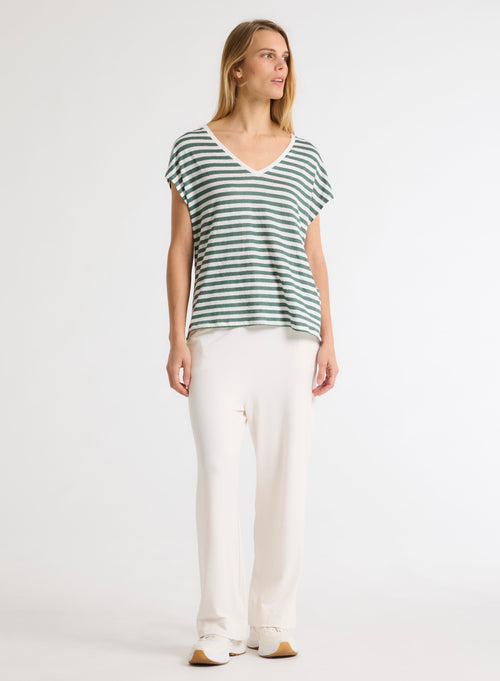Green and White Striped V-Neck Short Sleeve Linen T-Shirt - MAJESTIC FILATURES