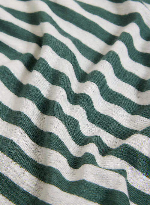 Green and White Striped V-Neck Short Sleeve Linen T-Shirt - MAJESTIC FILATURES