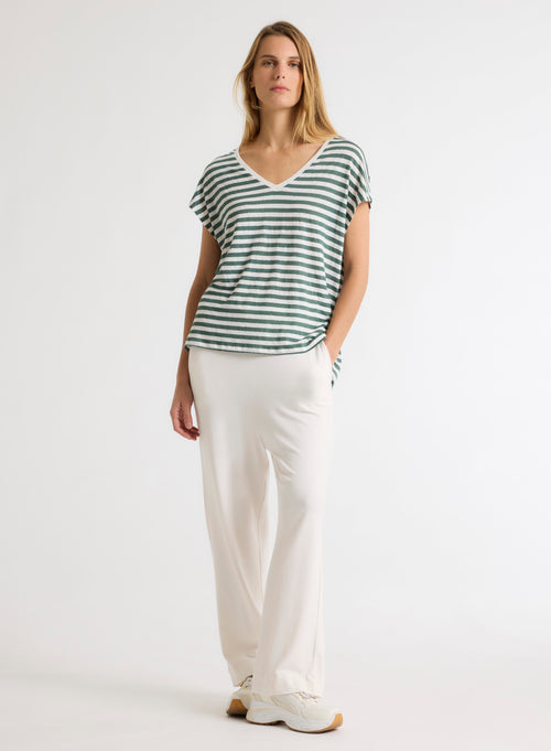Green and White Striped V-Neck Short Sleeve Linen T-Shirt - MAJESTIC FILATURES