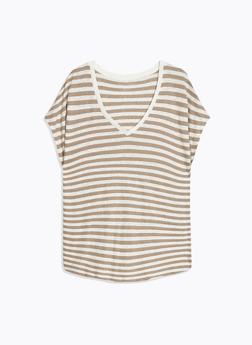 T-shirt Beige Col V Manches Courtes en Lin / Elasthanne - MAJESTIC FILATURES