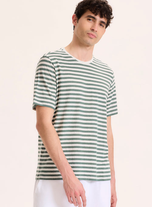 Green Linen Short Sleeve Round Neck T-Shirt - MAJESTIC FILATURES
