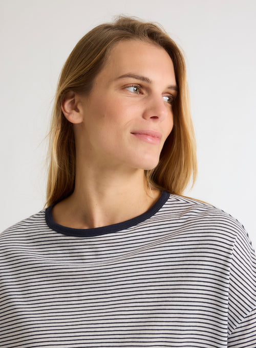 T-Shirt Marineblau Rundhalsausschnitt Ellbogenärmel aus Bio-Baumwolle - MAJESTIC FILATURES