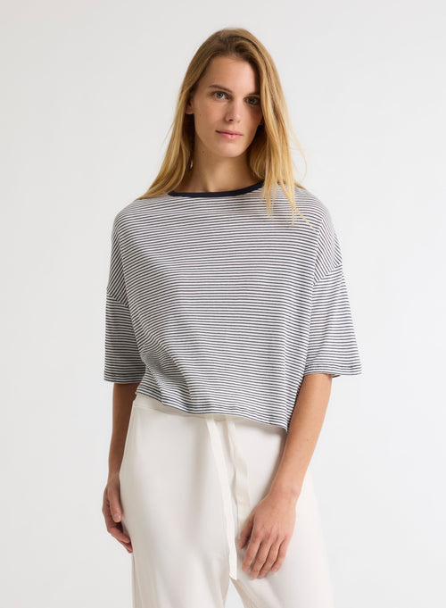 T-Shirt Marineblau Rundhalsausschnitt Ellbogenärmel aus Bio-Baumwolle - MAJESTIC FILATURES
