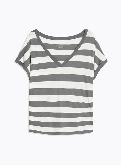 Graues Kurzarm-T-Shirt mit V-Ausschnitt aus Bio-Baumwolle - MAJESTIC FILATURES