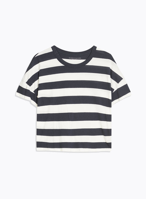 Marineblaues T-Shirt Rundhalsausschnitt Kurzarm aus Bio-Baumwolle - MAJESTIC FILATURES
