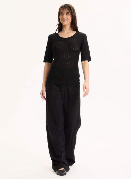 Schwarzes Kurzarm-T-Shirt mit Rundhalsausschnitt aus LYOCELL / TENCEL - MAJESTIC FILATURES