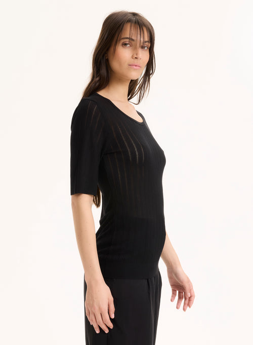 Schwarzes Kurzarm-T-Shirt mit Rundhalsausschnitt aus LYOCELL / TENCEL - MAJESTIC FILATURES