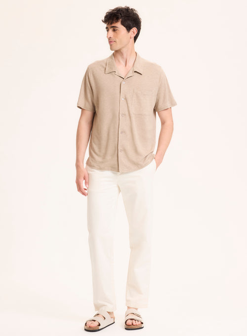 Camisa beige con cuello camisa de lino de manga corta - MAJESTIC FILATURES