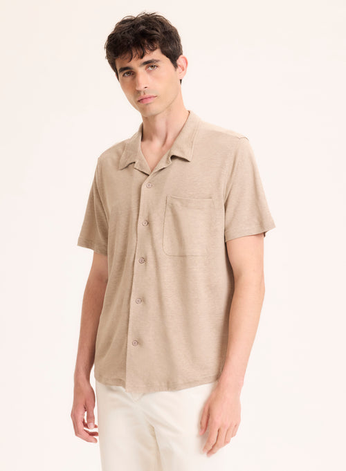 Camisa beige con cuello camisa de lino de manga corta - MAJESTIC FILATURES