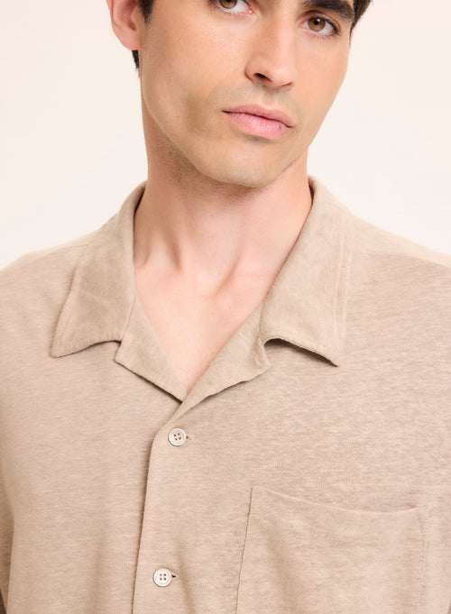 Camisa beige con cuello camisa de lino de manga corta - MAJESTIC FILATURES
