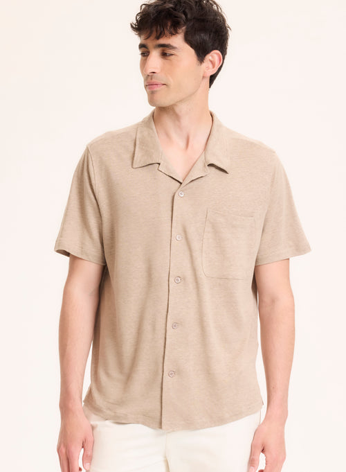 Camisa beige con cuello camisa de lino de manga corta - MAJESTIC FILATURES