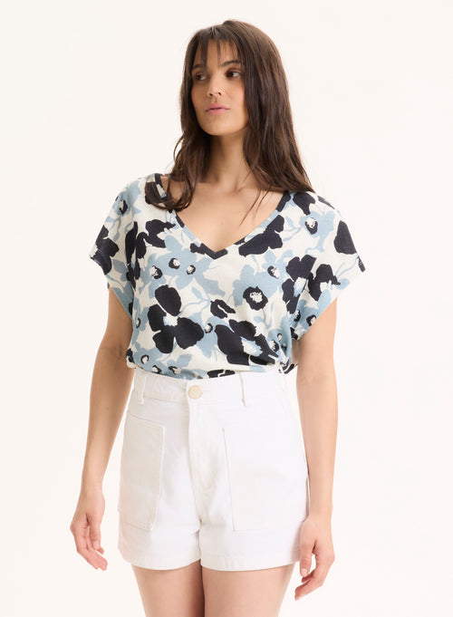 Blaues Kurzarm-T-Shirt mit V-Ausschnitt aus Bio-Baumwolle / Leinen - MAJESTIC FILATURES