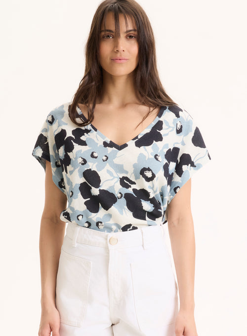 Blaues Kurzarm-T-Shirt mit V-Ausschnitt aus Bio-Baumwolle / Leinen - MAJESTIC FILATURES