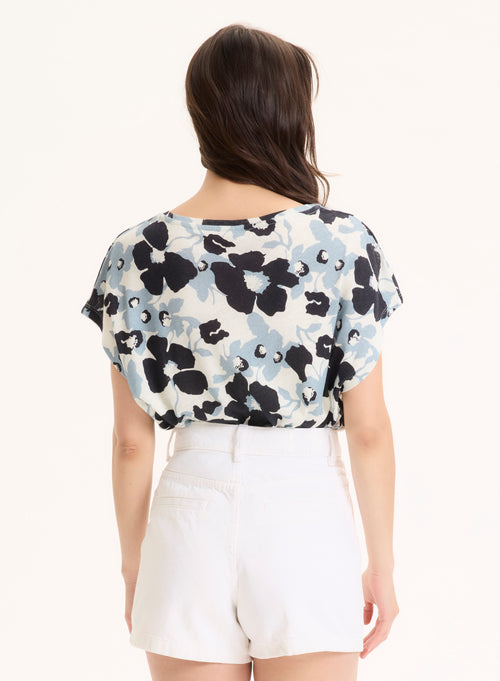 Blaues Kurzarm-T-Shirt mit V-Ausschnitt aus Bio-Baumwolle / Leinen - MAJESTIC FILATURES