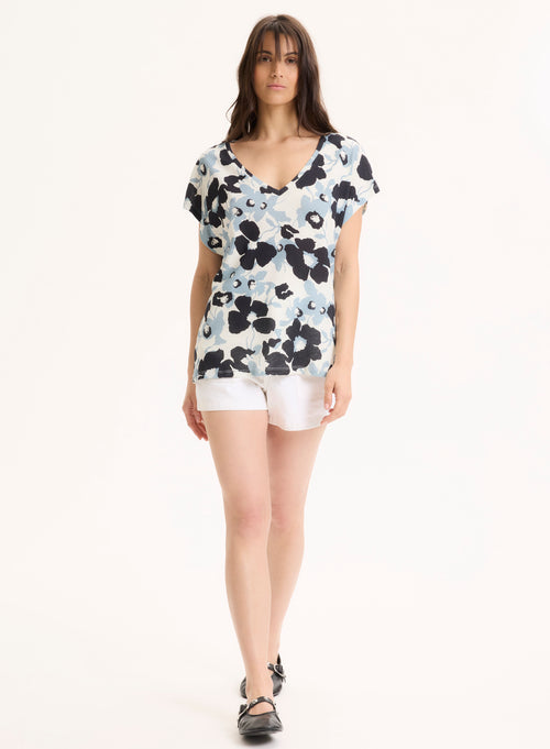 Blaues Kurzarm-T-Shirt mit V-Ausschnitt aus Bio-Baumwolle / Leinen - MAJESTIC FILATURES
