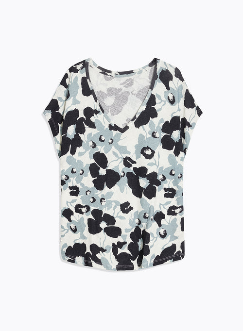 Blaues Kurzarm-T-Shirt mit V-Ausschnitt aus Bio-Baumwolle / Leinen - MAJESTIC FILATURES