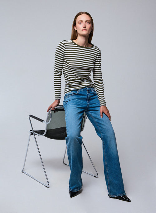 Green / White V-neck Long Sleeve T-shirt in organic cotton - MAJESTIC FILATURES