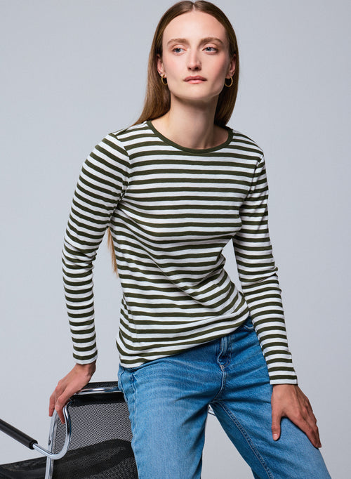 Green / White V-neck Long Sleeve T-shirt in organic cotton - MAJESTIC FILATURES