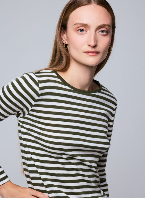 Green / White V-neck Long Sleeve T-shirt in organic cotton - MAJESTIC FILATURES