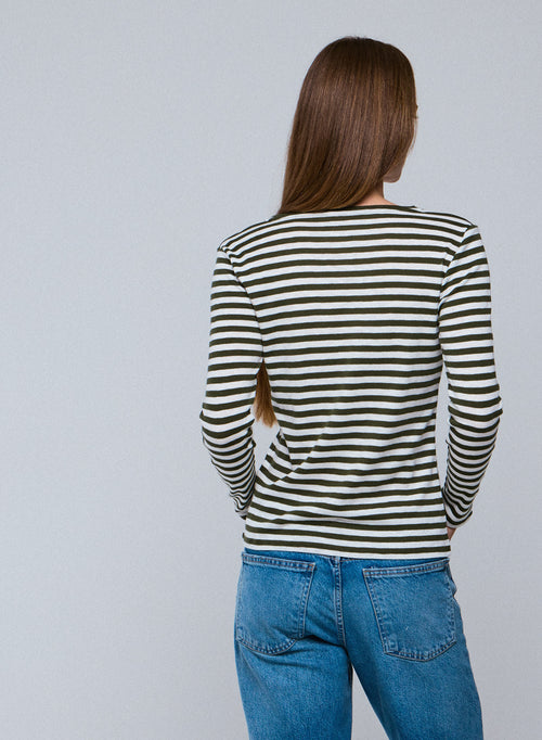 Green / White V-neck Long Sleeve T-shirt in organic cotton - MAJESTIC FILATURES