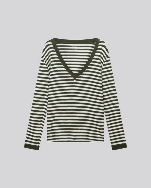 Green / White Stripped V-neck Long Sleeves T-shirt in Organic Cotton - MAJESTIC FILATURES