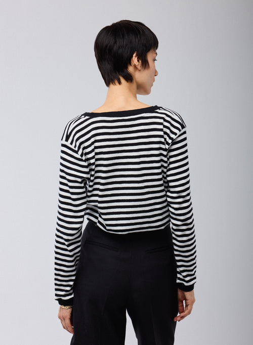 Black / Beige T-shirt V Neck Long Sleeves in Organic Cotton - MAJESTIC FILATURES