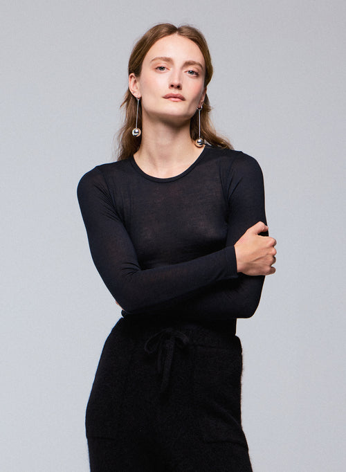 Schwarzes Langarm-T-Shirt mit Rundhalsausschnitt aus Viskose / Kaschmir - MAJESTIC FILATURES