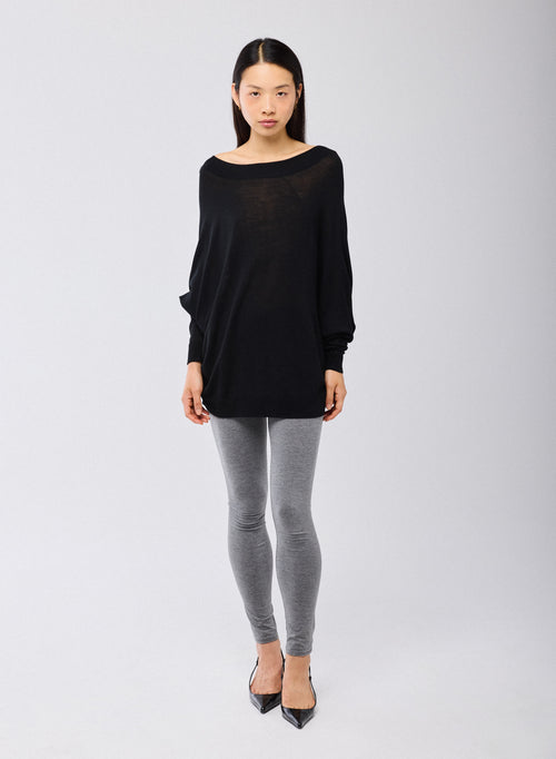 Pull Noir Col Bateau Manches Longues en Laine merinos - MAJESTIC FILATURES