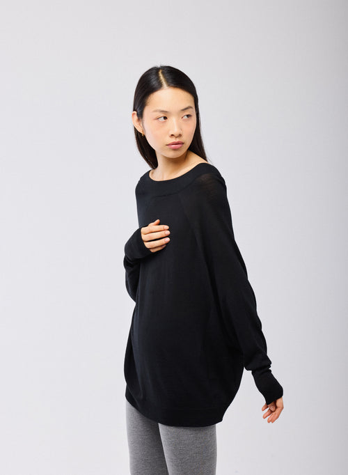 Pull Noir Col Bateau Manches Longues en Laine merinos - MAJESTIC FILATURES