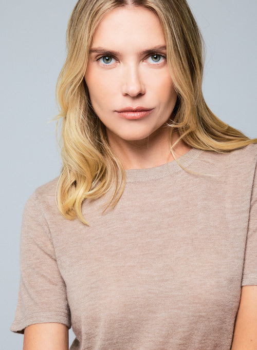 Beige Round Neck Short Sleeve Cashmere T-Shirt - MAJESTIC FILATURES
